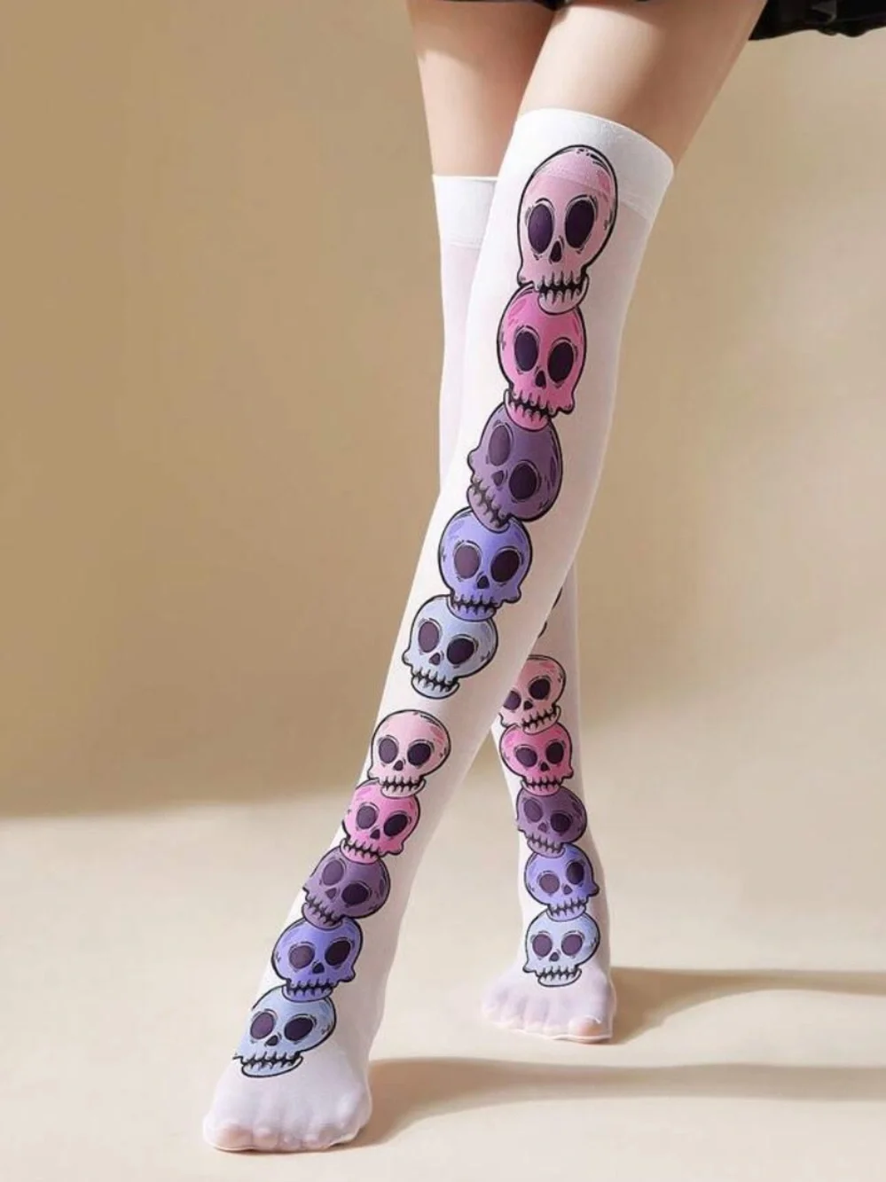 White Over-the-Knee Skull Print Thigh-High Socks - Pink & Purple